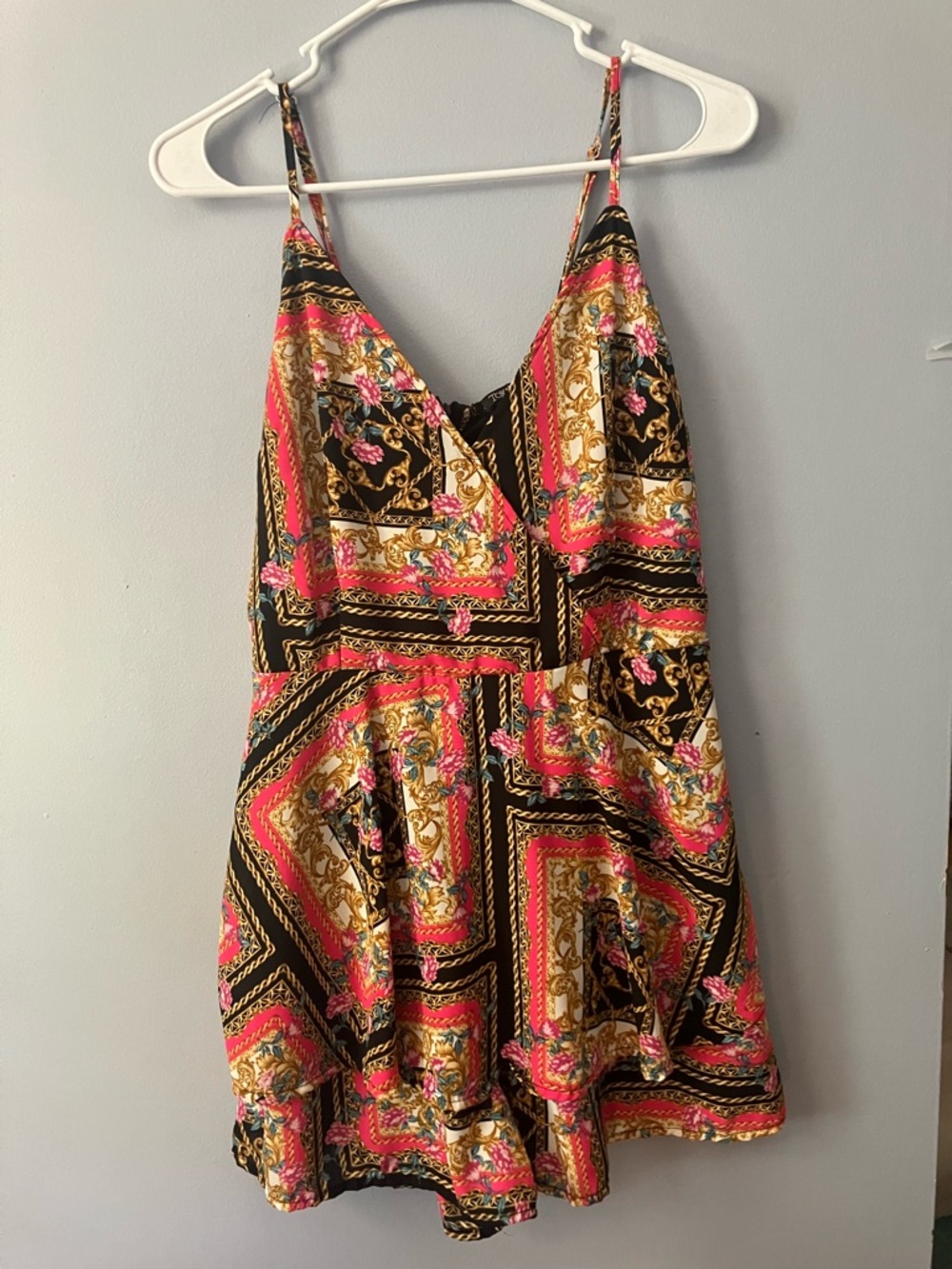 Black & Pink Baroque Print Spaghetti Strap Mini Dress